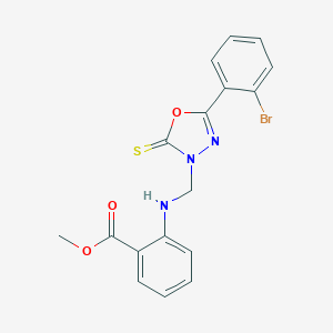 molecular formula C17H14BrN3O3S B392135 METHYL 2-({[5-(2-BROMOPHENYL)-2-SULFANYLIDENE-2,3-DIHYDRO-1,3,4-OXADIAZOL-3-YL]METHYL}AMINO)BENZOATE 