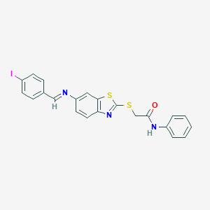 molecular formula C22H16IN3OS2 B392356 2-({6-[(4-iodobenzylidene)amino]-1,3-benzothiazol-2-yl}sulfanyl)-N-phenylacetamide 