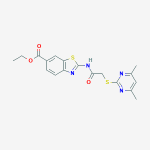 molecular formula C18H18N4O3S2 B392518 ETHYL 2-{2-[(4,6-DIMETHYLPYRIMIDIN-2-YL)SULFANYL]ACETAMIDO}-1,3-BENZOTHIAZOLE-6-CARBOXYLATE 