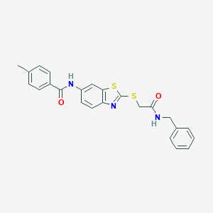 molecular formula C24H21N3O2S2 B392602 N-(2-{[2-(benzylamino)-2-oxoethyl]sulfanyl}-1,3-benzothiazol-6-yl)-4-methylbenzamide 