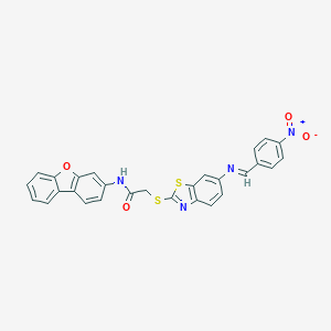 molecular formula C28H18N4O4S2 B392626 N-(DIBENZO[B,D]FURAN-3-YL)-2-[(6-{[(Z)-(4-NITROPHENYL)METHYLENE]AMINO}-1,3-BENZOTHIAZOL-2-YL)SULFANYL]ACETAMIDE 