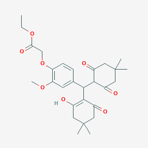 molecular formula C28H36O8 B392642 ETHYL 2-{4-[(4,4-DIMETHYL-2,6-DIOXOCYCLOHEXYL)(2-HYDROXY-4,4-DIMETHYL-6-OXO-1-CYCLOHEXENYL)METHYL]-2-METHOXYPHENOXY}ACETATE 