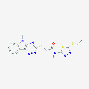 molecular formula C16H15N7OS3 B392644 N-[5-(ETHYLSULFANYL)-1,3,4-THIADIAZOL-2-YL]-2-({5-METHYL-5H-[1,2,4]TRIAZINO[5,6-B]INDOL-3-YL}SULFANYL)ACETAMIDE 