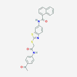 molecular formula C28H21N3O3S2 B392698 N-[2-({[(4-ACETYLPHENYL)CARBAMOYL]METHYL}SULFANYL)-1,3-BENZOTHIAZOL-6-YL]NAPHTHALENE-1-CARBOXAMIDE 