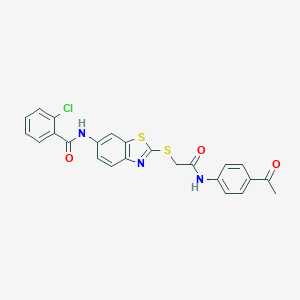 molecular formula C24H18ClN3O3S2 B392716 N-[2-({[(4-ACETYLPHENYL)CARBAMOYL]METHYL}SULFANYL)-1,3-BENZOTHIAZOL-6-YL]-2-CHLOROBENZAMIDE 