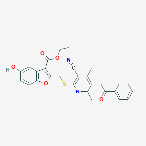 molecular formula C28H24N2O5S B392878 ETHYL 2-({[3-CYANO-4,6-DIMETHYL-5-(2-OXO-2-PHENYLETHYL)-2-PYRIDYL]SULFANYL}METHYL)-5-HYDROXY-1-BENZOFURAN-3-CARBOXYLATE 