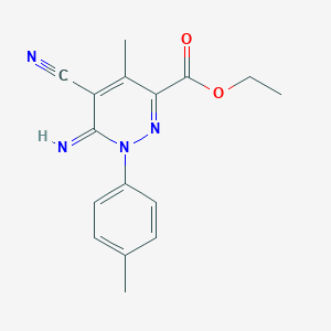 molecular formula C16H16N4O2 B039314 Ethyl 5-cyano-6-imino-4-methyl-1-(4-methylphenyl)-1,6-dihydropyridazine-3-carboxylate CAS No. 120049-79-8