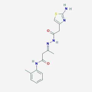 molecular formula C16H19N5O2S B393182 (3E)-3-{2-[(2-amino-1,3-thiazol-4-yl)acetyl]hydrazinylidene}-N-(2-methylphenyl)butanamide 
