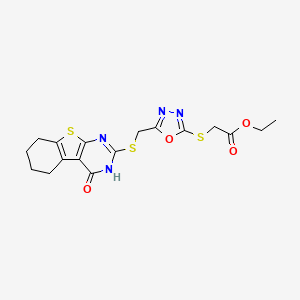 molecular formula C17H18N4O4S3 B3932122 ethyl 2-[[5-[(4-oxo-5,6,7,8-tetrahydro-3H-[1]benzothiolo[2,3-d]pyrimidin-2-yl)sulfanylmethyl]-1,3,4-oxadiazol-2-yl]sulfanyl]acetate 