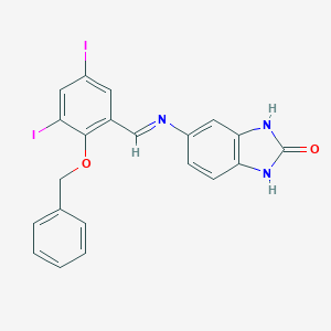 molecular formula C21H15I2N3O2 B393274 5-({(Z)-1-[2-(BENZYLOXY)-3,5-DIIODOPHENYL]METHYLIDENE}AMINO)-1,3-DIHYDRO-2H-1,3-BENZIMIDAZOL-2-ONE 