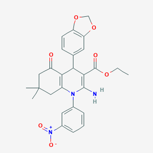 molecular formula C27H27N3O7 B393282 Ethyl 2-amino-4-(1,3-benzodioxol-5-yl)-7,7-dimethyl-1-(3-nitrophenyl)-5-oxo-1,4,5,6,7,8-hexahydro-3-quinolinecarboxylate 