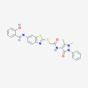 molecular formula C27H23N5O3S2 B393335 N-(1,5-dimethyl-3-oxo-2-phenyl-2,3-dihydro-1H-pyrazol-4-yl)-2-({6-[(2-hydroxybenzylidene)amino]-1,3-benzothiazol-2-yl}sulfanyl)acetamide 