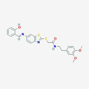 molecular formula C26H25N3O4S2 B393339 N-[2-(3,4-dimethoxyphenyl)ethyl]-2-({6-[(2-hydroxybenzylidene)amino]-1,3-benzothiazol-2-yl}sulfanyl)acetamide 