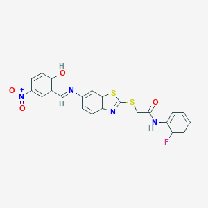molecular formula C22H15FN4O4S2 B393367 N-(2-fluorophenyl)-2-{[6-({2-hydroxy-5-nitrobenzylidene}amino)-1,3-benzothiazol-2-yl]sulfanyl}acetamide 