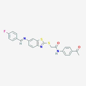 molecular formula C24H18FN3O2S2 B393383 N-(4-acetylphenyl)-2-({6-[(4-fluorobenzylidene)amino]-1,3-benzothiazol-2-yl}sulfanyl)acetamide 