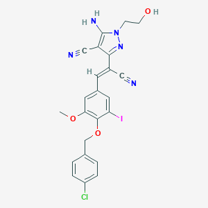 molecular formula C23H19ClIN5O3 B393391 5-AMINO-3-[(1Z)-2-{4-[(4-CHLOROPHENYL)METHOXY]-3-IODO-5-METHOXYPHENYL}-1-CYANOETH-1-EN-1-YL]-1-(2-HYDROXYETHYL)-1H-PYRAZOLE-4-CARBONITRILE 
