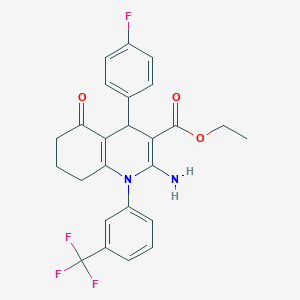 molecular formula C25H22F4N2O3 B393397 Ethyl 2-amino-4-(4-fluorophenyl)-5-oxo-1-[3-(trifluoromethyl)phenyl]-1,4,5,6,7,8-hexahydro-3-quinolinecarboxylate 