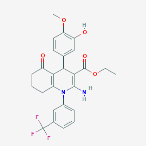 molecular formula C26H25F3N2O5 B393415 Ethyl 2-amino-4-(3-hydroxy-4-methoxyphenyl)-5-oxo-1-[3-(trifluoromethyl)phenyl]-1,4,5,6,7,8-hexahydro-3-quinolinecarboxylate 