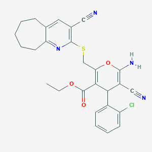 molecular formula C27H25ClN4O3S B393503 ethyl 6-amino-4-(2-chlorophenyl)-5-cyano-2-[(3-cyano-6,7,8,9-tetrahydro-5H-cyclohepta[b]pyridin-2-yl)sulfanylmethyl]-4H-pyran-3-carboxylate CAS No. 339163-48-3