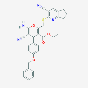 molecular formula C32H28N4O4S B393522 ethyl 6-amino-4-[4-(benzyloxy)phenyl]-5-cyano-2-{[(3-cyano-6,7-dihydro-5H-cyclopenta[b]pyridin-2-yl)sulfanyl]methyl}-4H-pyran-3-carboxylate 