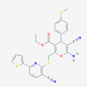 molecular formula C27H22N4O3S3 B393533 ethyl 6-amino-5-cyano-2-[(3-cyano-6-thiophen-2-ylpyridin-2-yl)sulfanylmethyl]-4-(4-methylsulfanylphenyl)-4H-pyran-3-carboxylate CAS No. 340813-47-0