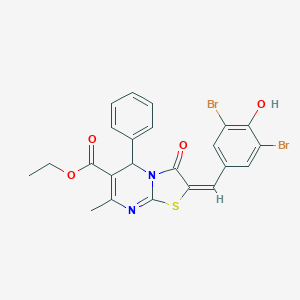 molecular formula C23H18Br2N2O4S B393540 ETHYL (2E)-2-[(3,5-DIBROMO-4-HYDROXYPHENYL)METHYLIDENE]-7-METHYL-3-OXO-5-PHENYL-2H,3H,5H-[1,3]THIAZOLO[3,2-A]PYRIMIDINE-6-CARBOXYLATE 