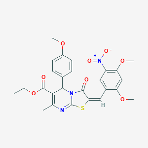molecular formula C26H25N3O8S B393577 ethyl 2-{5-nitro-2,4-dimethoxybenzylidene}-5-(4-methoxyphenyl)-7-methyl-3-oxo-2,3-dihydro-5H-[1,3]thiazolo[3,2-a]pyrimidine-6-carboxylate 