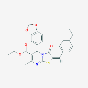 molecular formula C27H26N2O5S B393586 ethyl 5-(1,3-benzodioxol-5-yl)-2-(4-isopropylbenzylidene)-7-methyl-3-oxo-2,3-dihydro-5H-[1,3]thiazolo[3,2-a]pyrimidine-6-carboxylate 
