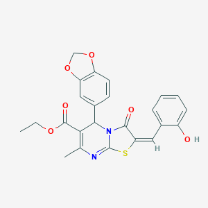 molecular formula C24H20N2O6S B393627 ETHYL (2E)-5-(2H-1,3-BENZODIOXOL-5-YL)-2-[(2-HYDROXYPHENYL)METHYLIDENE]-7-METHYL-3-OXO-2H,3H,5H-[1,3]THIAZOLO[3,2-A]PYRIMIDINE-6-CARBOXYLATE 