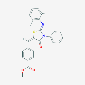 molecular formula C26H22N2O3S B393680 Methyl 4-({2-[(2,6-dimethylphenyl)imino]-4-oxo-3-phenyl-1,3-thiazolidin-5-ylidene}methyl)benzoate 