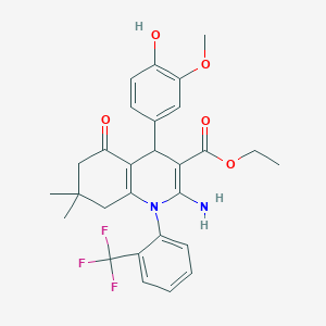 molecular formula C28H29F3N2O5 B393690 Ethyl 2-amino-4-(4-hydroxy-3-methoxyphenyl)-7,7-dimethyl-5-oxo-1-[2-(trifluoromethyl)phenyl]-1,4,5,6,7,8-hexahydro-3-quinolinecarboxylate 