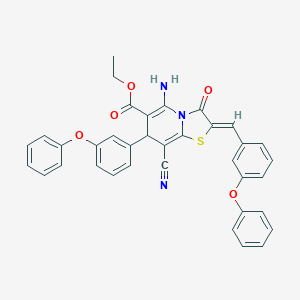 molecular formula C36H27N3O5S B393691 ETHYL (2Z)-5-AMINO-8-CYANO-3-OXO-7-(3-PHENOXYPHENYL)-2-[(3-PHENOXYPHENYL)METHYLIDENE]-2H,3H,7H-[1,3]THIAZOLO[3,2-A]PYRIDINE-6-CARBOXYLATE 