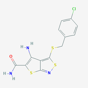 molecular formula C13H10ClN3OS3 B393711 4-Amino-3-[(4-chlorobenzyl)sulfanyl]thieno[2,3-c]isothiazole-5-carboxamide 