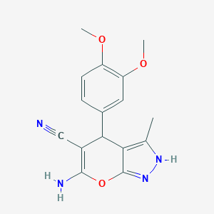 molecular formula C16H16N4O3 B393715 6-Amino-4-(3,4-dimethoxyphenyl)-3-methyl-1,4-dihydropyrano[2,3-c]pyrazole-5-carbonitrile CAS No. 299166-29-3
