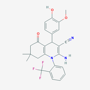 molecular formula C26H24F3N3O3 B393732 2-Amino-4-(4-hydroxy-3-methoxyphenyl)-7,7-dimethyl-5-oxo-1-[2-(trifluoromethyl)phenyl]-1,4,5,6,7,8-hexahydro-3-quinolinecarbonitrile 