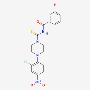 molecular formula C18H16ClFN4O3S B3937368 N-{[4-(2-chloro-4-nitrophenyl)piperazin-1-yl]carbonothioyl}-3-fluorobenzamide 