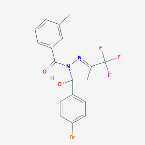 molecular formula C18H14BrF3N2O2 B393776 2-Pyrazolin-5-ol, 5-(4-bromophenyl)-3-trifluoromethyl-1-(3-methylbenzoyl)- 