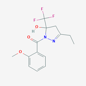 molecular formula C14H15F3N2O3 B393777 [3-ethyl-5-hydroxy-5-(trifluoromethyl)-4,5-dihydro-1H-pyrazol-1-yl](2-methoxyphenyl)methanone 