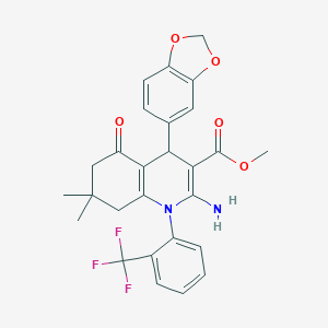 molecular formula C27H25F3N2O5 B393791 METHYL 2-AMINO-4-(2H-1,3-BENZODIOXOL-5-YL)-7,7-DIMETHYL-5-OXO-1-[2-(TRIFLUOROMETHYL)PHENYL]-1,4,5,6,7,8-HEXAHYDROQUINOLINE-3-CARBOXYLATE 