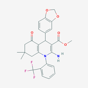 molecular formula C27H25F3N2O5 B393791 Methyl 2-amino-4-(1,3-benzodioxol-5-yl)-7,7-dimethyl-5-oxo-1-[2-(trifluoromethyl)phenyl]-1,4,5,6,7,8-hexahydro-3-quinolinecarboxylate 