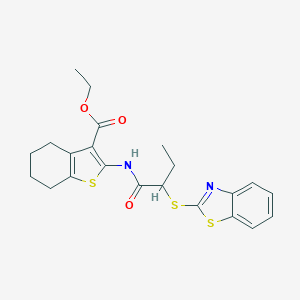 molecular formula C22H24N2O3S3 B393882 Ethyl 2-{[2-(1,3-benzothiazol-2-ylsulfanyl)butanoyl]amino}-4,5,6,7-tetrahydro-1-benzothiophene-3-carboxylate 