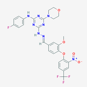 molecular formula C28H24F4N8O5 B393891 N-(4-FLUOROPHENYL)-4-[(2E)-2-({3-METHOXY-4-[2-NITRO-4-(TRIFLUOROMETHYL)PHENOXY]PHENYL}METHYLIDENE)HYDRAZIN-1-YL]-6-(MORPHOLIN-4-YL)-1,3,5-TRIAZIN-2-AMINE 