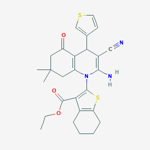 molecular formula C27H29N3O3S2 B393892 ETHYL 2-[2-AMINO-3-CYANO-7,7-DIMETHYL-5-OXO-4-(THIOPHEN-3-YL)-1,4,5,6,7,8-HEXAHYDROQUINOLIN-1-YL]-4,5,6,7-TETRAHYDRO-1-BENZOTHIOPHENE-3-CARBOXYLATE 