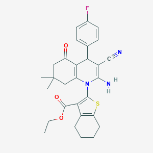 molecular formula C29H30FN3O3S B393915 ETHYL 2-[2-AMINO-3-CYANO-4-(4-FLUOROPHENYL)-7,7-DIMETHYL-5-OXO-1,4,5,6,7,8-HEXAHYDROQUINOLIN-1-YL]-4,5,6,7-TETRAHYDRO-1-BENZOTHIOPHENE-3-CARBOXYLATE 