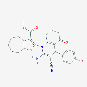 molecular formula C27H26FN3O3S B393918 METHYL 2-[2-AMINO-3-CYANO-4-(4-FLUOROPHENYL)-5-OXO-1,4,5,6,7,8-HEXAHYDROQUINOLIN-1-YL]-4H,5H,6H,7H,8H-CYCLOHEPTA[B]THIOPHENE-3-CARBOXYLATE 