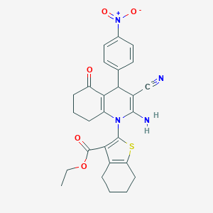 molecular formula C27H26N4O5S B393936 ETHYL 2-[2-AMINO-3-CYANO-4-(4-NITROPHENYL)-5-OXO-1,4,5,6,7,8-HEXAHYDROQUINOLIN-1-YL]-4,5,6,7-TETRAHYDRO-1-BENZOTHIOPHENE-3-CARBOXYLATE 