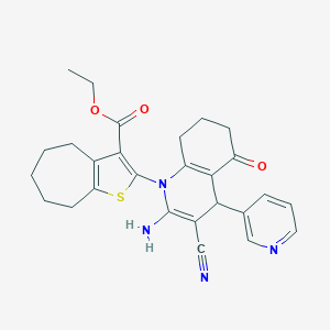 molecular formula C27H28N4O3S B393952 ETHYL 2-[2-AMINO-3-CYANO-5-OXO-4-(PYRIDIN-3-YL)-1,4,5,6,7,8-HEXAHYDROQUINOLIN-1-YL]-4H,5H,6H,7H,8H-CYCLOHEPTA[B]THIOPHENE-3-CARBOXYLATE 