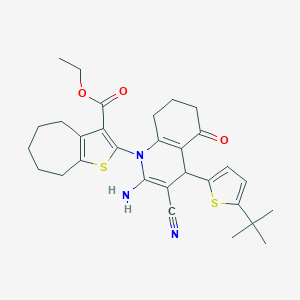 molecular formula C30H35N3O3S2 B393956 ETHYL 2-[2-AMINO-4-(5-TERT-BUTYLTHIOPHEN-2-YL)-3-CYANO-5-OXO-1,4,5,6,7,8-HEXAHYDROQUINOLIN-1-YL]-4H,5H,6H,7H,8H-CYCLOHEPTA[B]THIOPHENE-3-CARBOXYLATE 