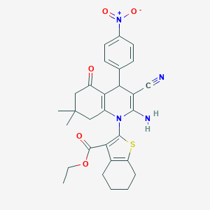 molecular formula C29H30N4O5S B393960 ETHYL 2-[2-AMINO-3-CYANO-7,7-DIMETHYL-4-(4-NITROPHENYL)-5-OXO-1,4,5,6,7,8-HEXAHYDROQUINOLIN-1-YL]-4,5,6,7-TETRAHYDRO-1-BENZOTHIOPHENE-3-CARBOXYLATE 
