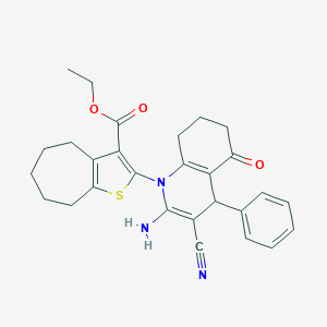 molecular formula C28H29N3O3S B393967 ETHYL 2-(2-AMINO-3-CYANO-5-OXO-4-PHENYL-1,4,5,6,7,8-HEXAHYDROQUINOLIN-1-YL)-4H,5H,6H,7H,8H-CYCLOHEPTA[B]THIOPHENE-3-CARBOXYLATE 